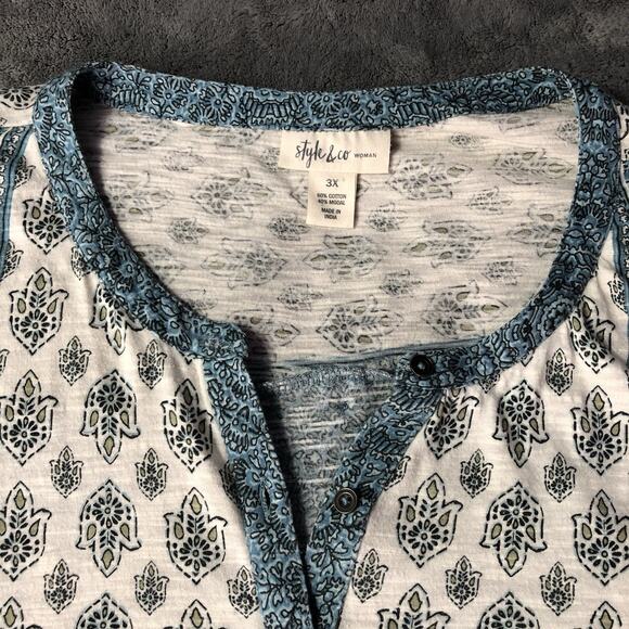 Style & Co Plus Size 3X Peasant Boho Top V Neck Roll Tab Stretch Paisley Popover - Picture 2 of 9